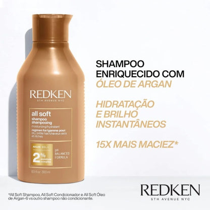 Redken Shampoo All Soft | Para Cabelos Secos e Quebradiços | Proporciona Maciez Intensa e Brilho | Com Óleo de Argan | 300ml