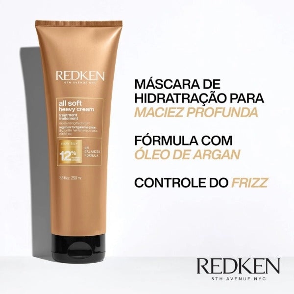 Redken Máscara de Tratamento All Soft Heavy Cream |Tratamento Anti-frizz Para Cabelos Secos e Opacos | Promove Hidratação Profunda | Com Óleo de Argan | 250ml