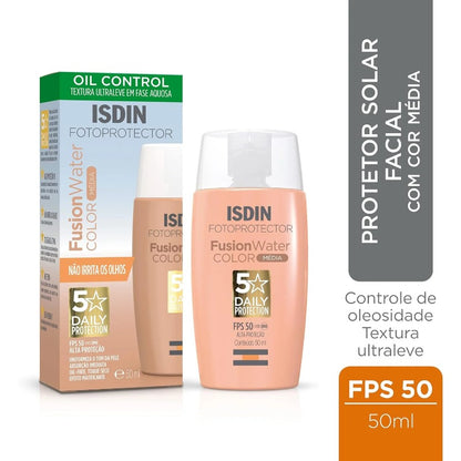 Protetor Solar Facial ISDIN Fusion Water 5 Stars Color FPS 50 50ml – Cor Média